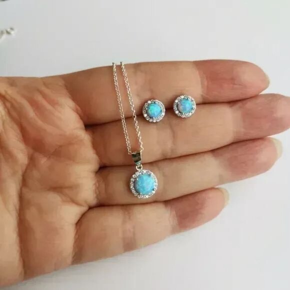 BLUE opal cz halo necklace earring set in Sterling Silver - Picture 4 of 7